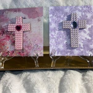 Pearl-Embellished Pink and Lavender Cross Decor